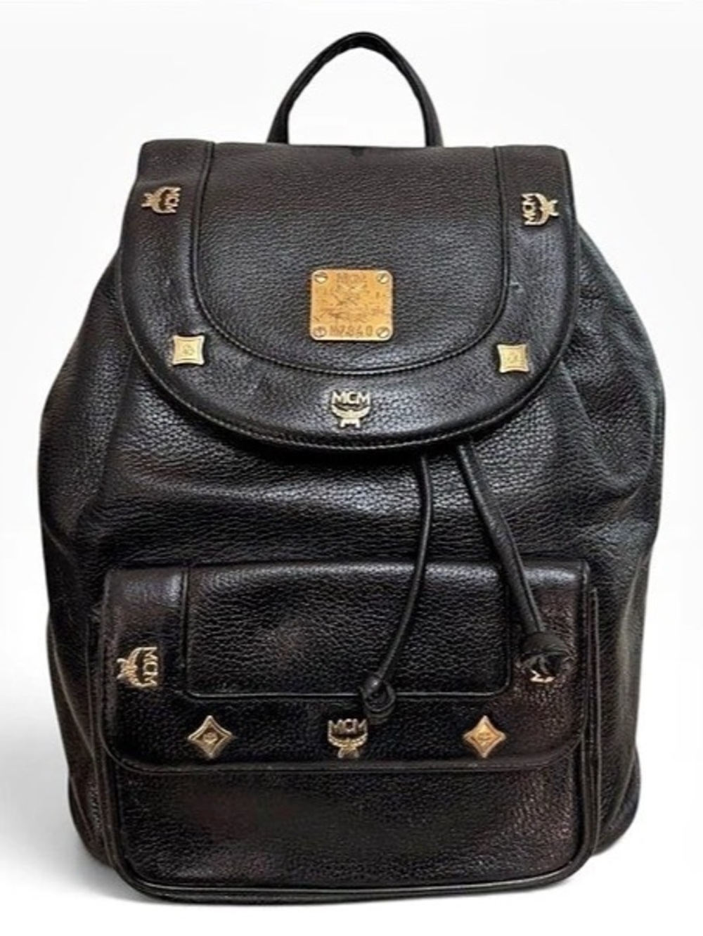 MCM Vintage Black Pebbled Leather Studded Backpack